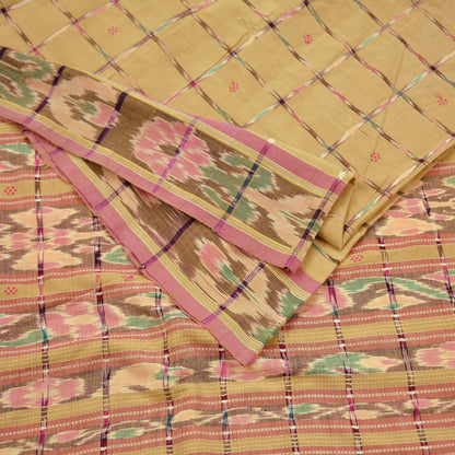 Indian Vintage Sarees Beige Pure Cotton Hand woven Sambalpuri Ikat sari Craft Fabric 5Yd Ethnic Chackra Border Dress Making Quilting