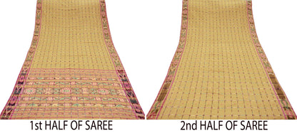 Indian Vintage Sarees Beige Pure Cotton Hand woven Sambalpuri Ikat sari Craft Fabric 5Yd Ethnic Chackra Border Dress Making Quilting