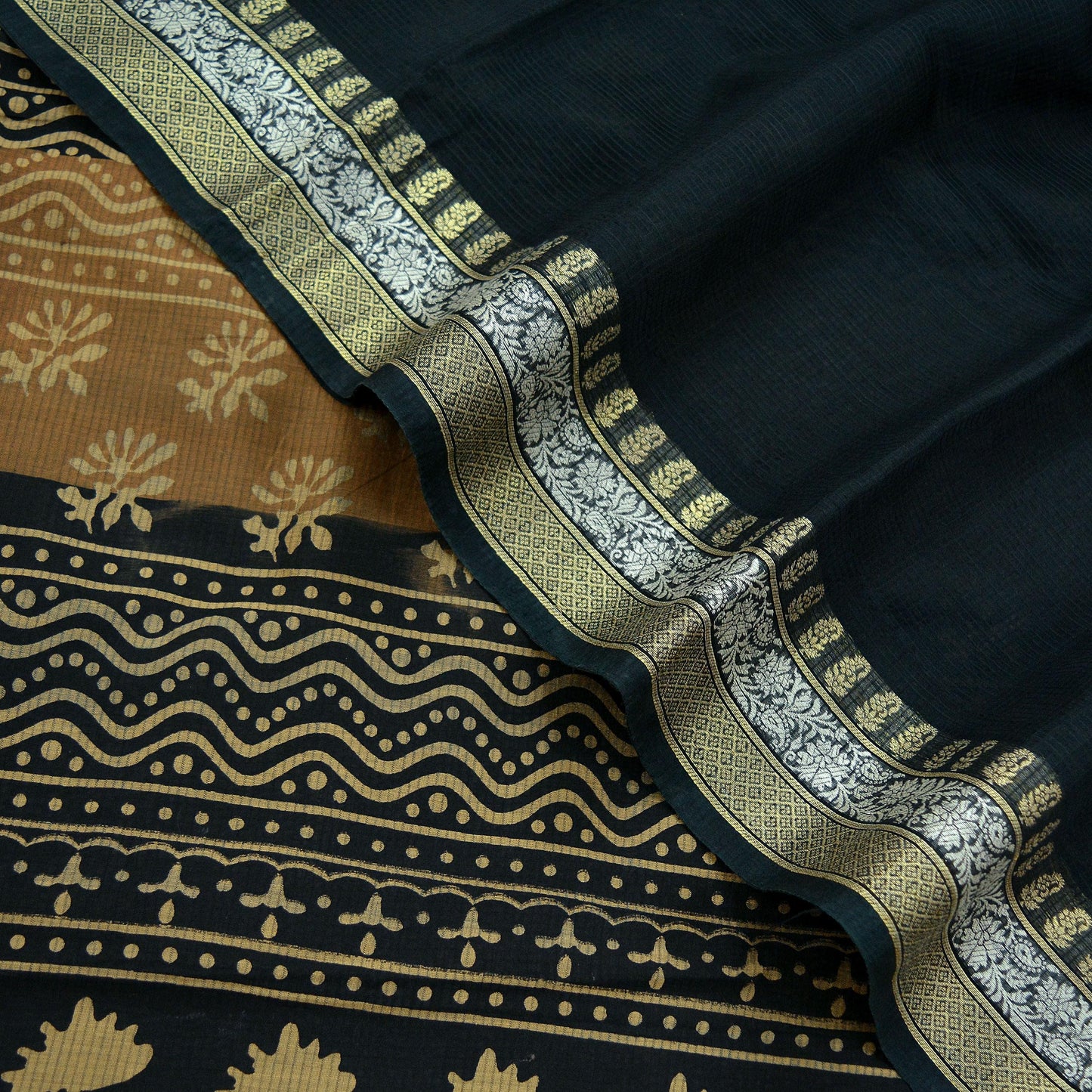 Indian Vintage Sari Black Pure chanderi Silk Block Printed Sarees Craft Fabric 5Yd Soft Zari Border Floral Dress making bollywood silk saree