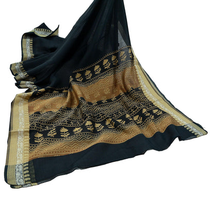 Indian Vintage Sari Black Pure chanderi Silk Block Printed Sarees Craft Fabric 5Yd Soft Zari Border Floral Dress making bollywood silk saree