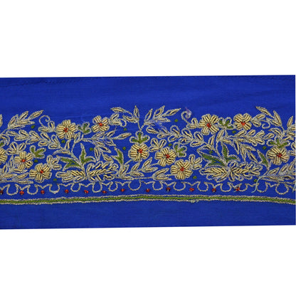 Indian Vintage Royal Blue Sari Border Hand Embroidered Indian Craft Trim Lace Sewing Saree Ribbon Pure Crepe Silk Zardozi/Dabka Zari