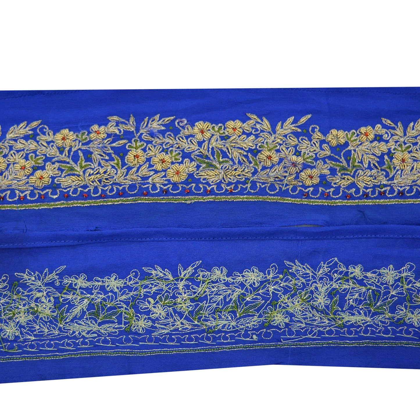 Indian Vintage Royal Blue Sari Border Hand Embroidered Indian Craft Trim Lace Sewing Saree Ribbon Pure Crepe Silk Zardozi/Dabka Zari