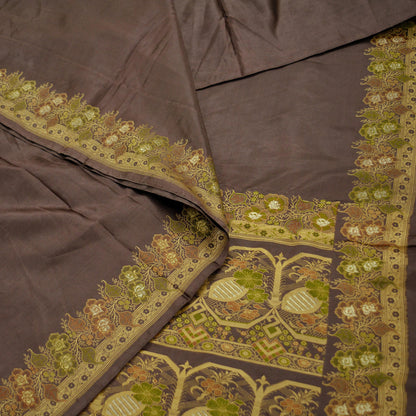 Indian Vintage Sari Brown Heavy Wedding Pure Satin Silk Woven Brocade Tanchoi Sarees Golden Zari 5Yd Dress Making Crafting Quilting