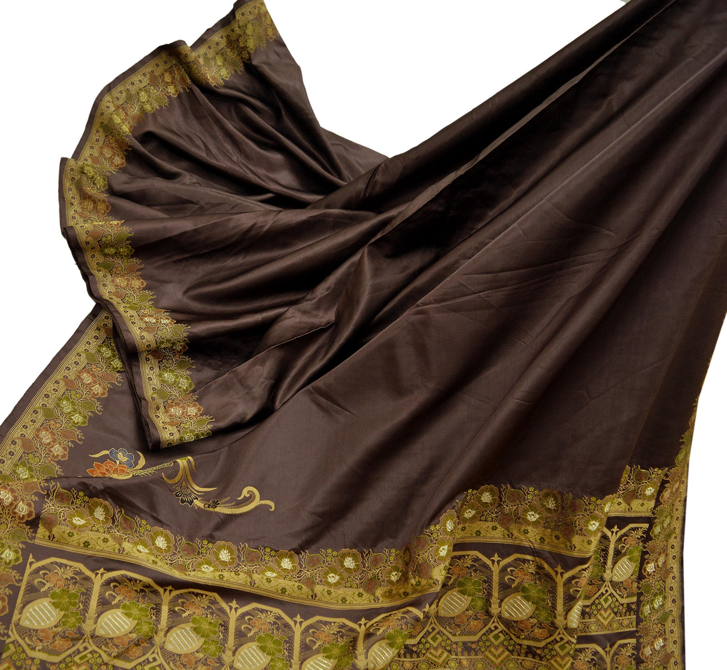 Indian Vintage Sari Brown Heavy Wedding Pure Satin Silk Woven Brocade Tanchoi Sarees Golden Zari 5Yd Dress Making Crafting Quilting