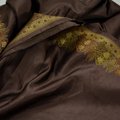 Indian Vintage Sari Brown Heavy Wedding Pure Satin Silk Woven Brocade Tanchoi Sarees Golden Zari 5Yd Dress Making Crafting Quilting