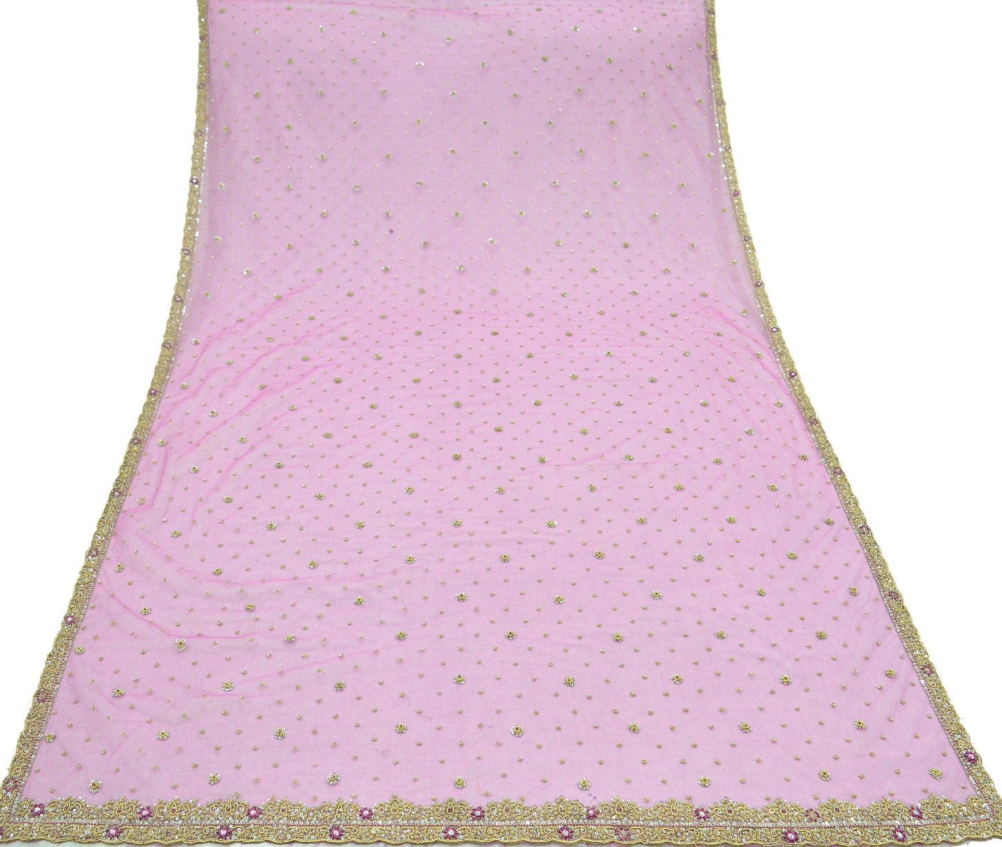 Indian Vintage Heavy Pink Dupatta Net Mesh Long Stole Hand Embroidered Scarves Silver Zardozi Dabka Zari Sequins