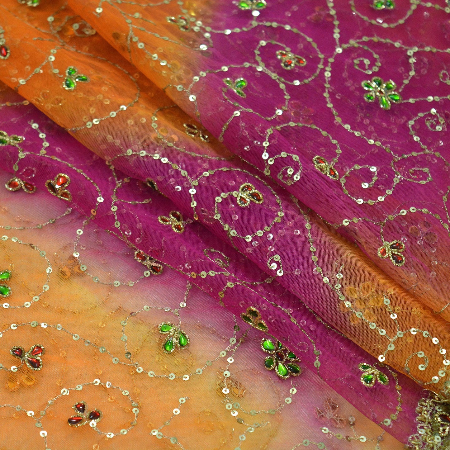 Indian Vintage Heavy Bridal Dupatta Saffron & Purple Net Mesh Long Stole Hand Embroidered Scarves Golden Zardozi Zari Sequins Wedding hijab