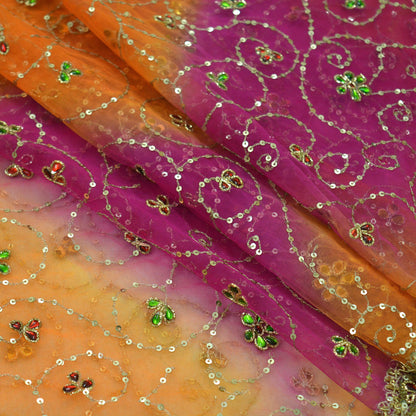 Indian Vintage Heavy Bridal Dupatta Saffron & Purple Net Mesh Long Stole Hand Embroidered Scarves Golden Zardozi Zari Sequins Wedding hijab