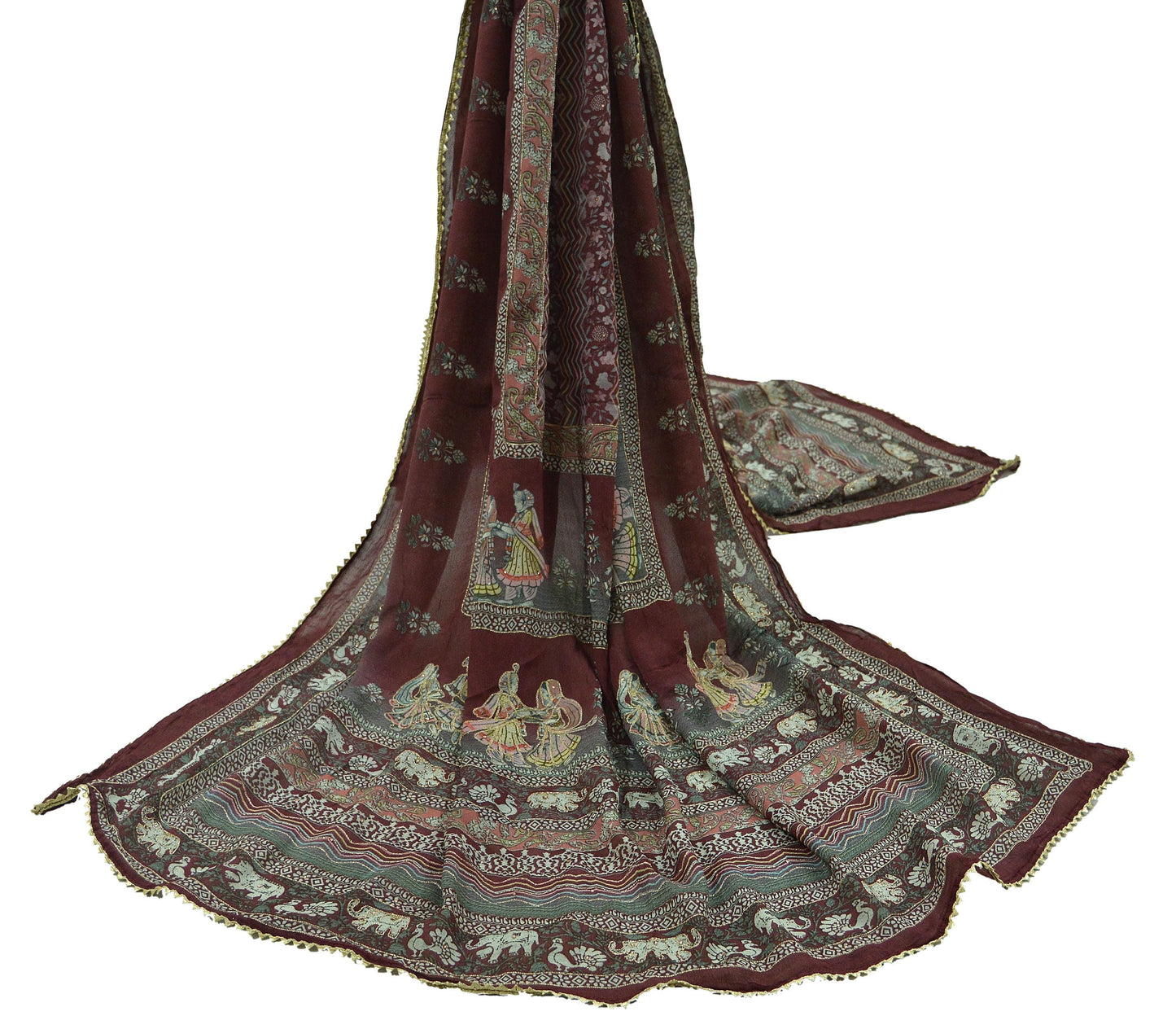 Women Indian Vintage Dupatta Maroon & gray Long Stole Pure silk Digital Printed Dupatta Veil Scarves soft Boho Wrap Dressmaking Floral