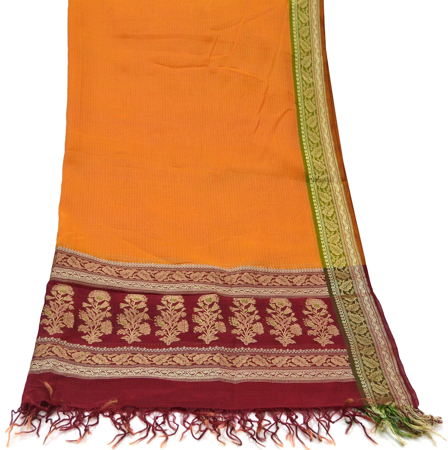 Indian Vintage Dupatta Saffron & maroon Long Stole Printed Woven Pure Chanderi Silk Indian Scarves Veil Golden Zari Soft Fringes