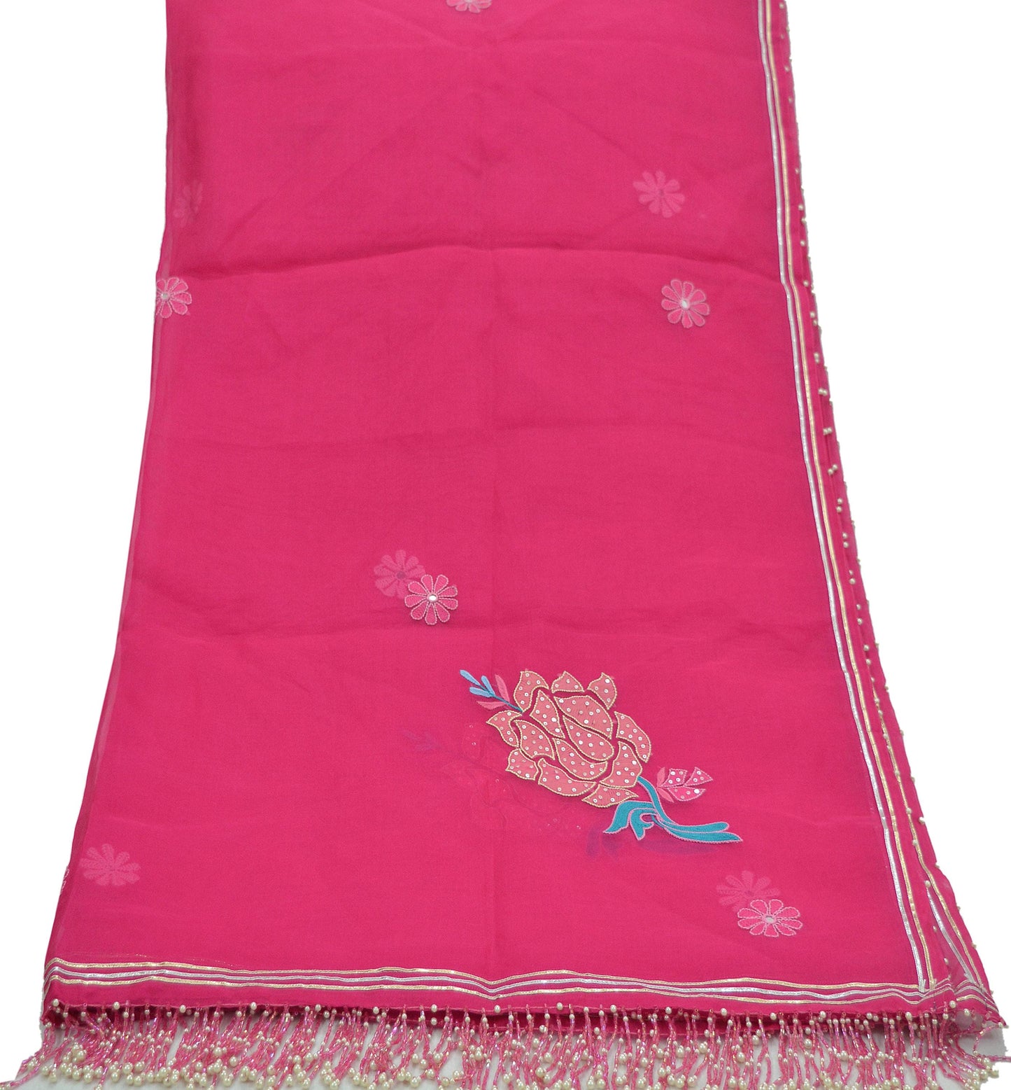 Indian Vintage Dupatta Pink Long Stole Pure Organza Silk Hand Embroidered Indian Scarves Veil Zari Sequins