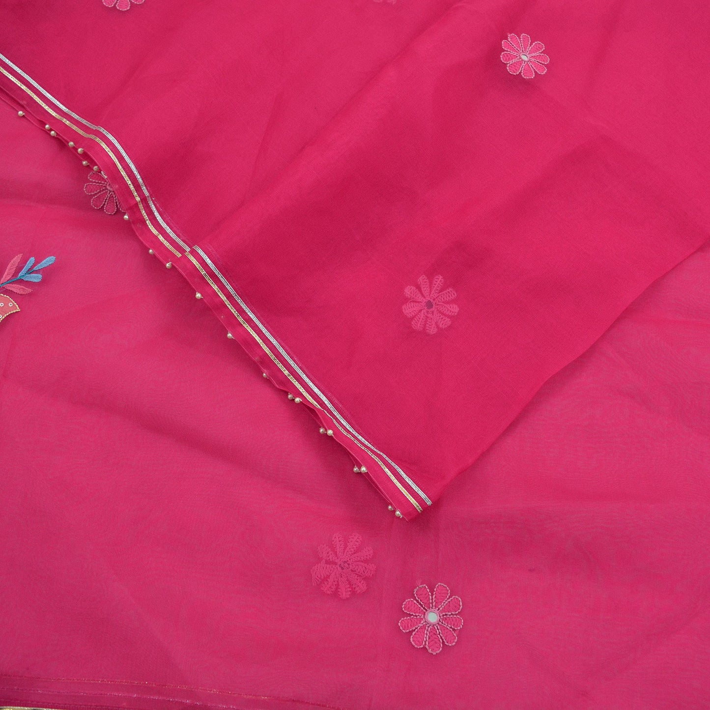 Indian Vintage Dupatta Pink Long Stole Pure Organza Silk Hand Embroidered Indian Scarves Veil Zari Sequins