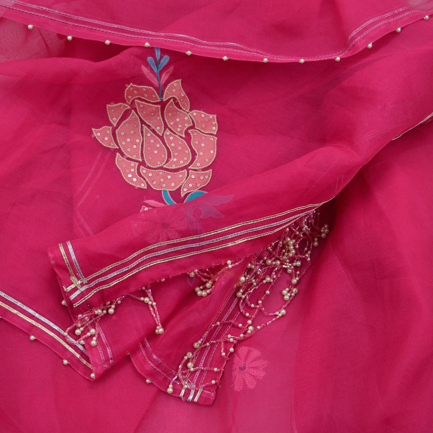 Indian Vintage Dupatta Pink Long Stole Pure Organza Silk Hand Embroidered Indian Scarves Veil Zari Sequins