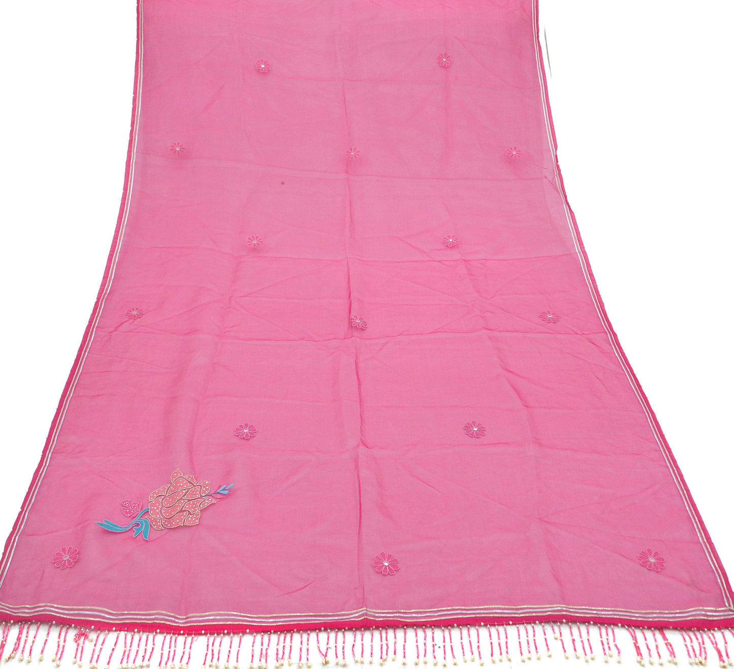 Indian Vintage Dupatta Pink Long Stole Pure Organza Silk Hand Embroidered Indian Scarves Veil Zari Sequins