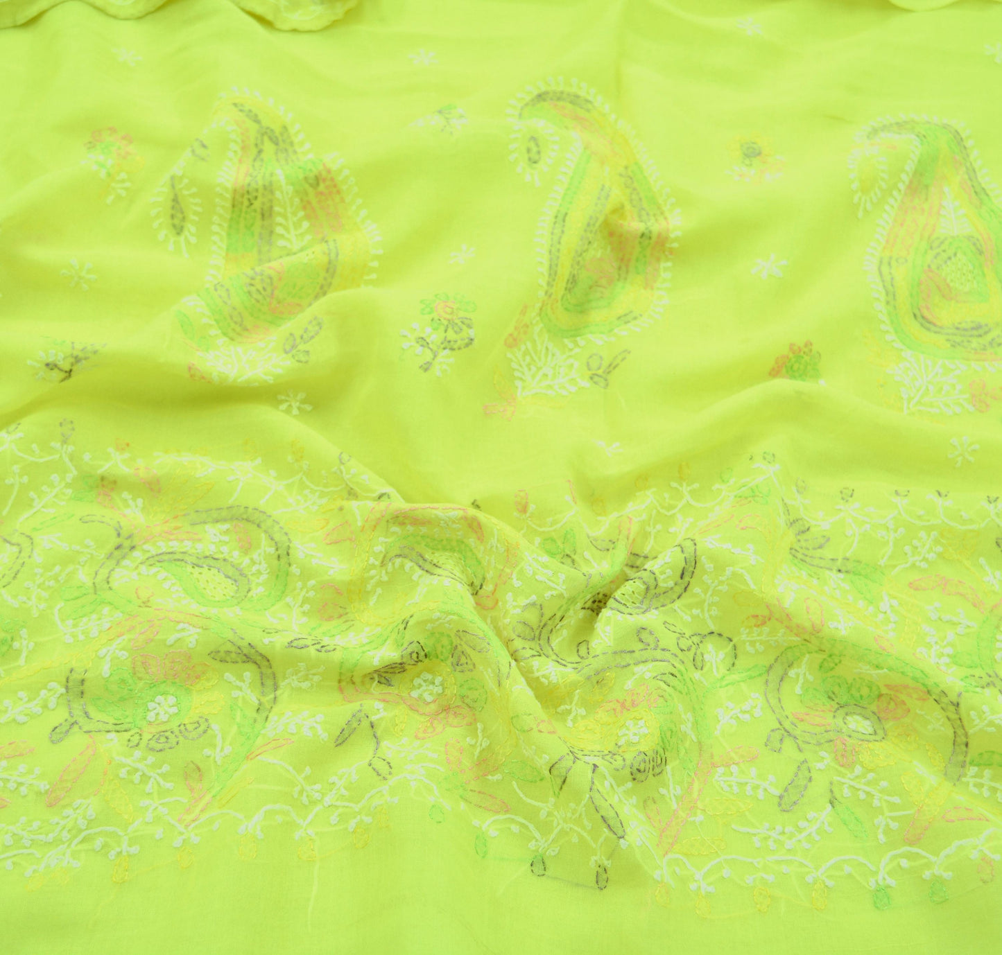 Indian Vintage Sari Cotton Yellow Handmade Chikankari Sarees Craft Fabric 5Yd Ethnic Paisley Dress making Crafting Quilting Upcycle