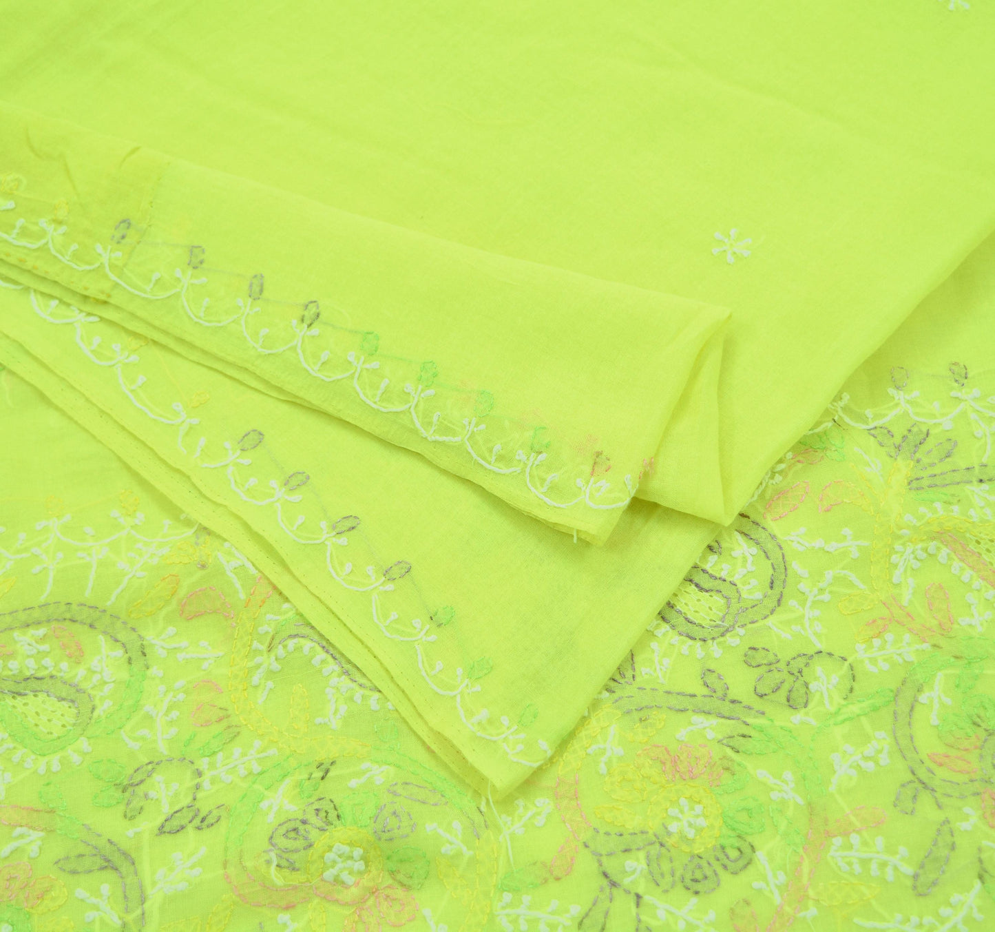 Indian Vintage Sari Cotton Yellow Handmade Chikankari Sarees Craft Fabric 5Yd Ethnic Paisley Dress making Crafting Quilting Upcycle