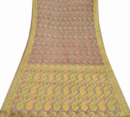 Indian Vintage Sari Brown Pure Tussar Silk Hand Woven Sarees Craft Fabric 5Yd Sewing Ethnic Dress making Zari Crafting Upcycle Quilting