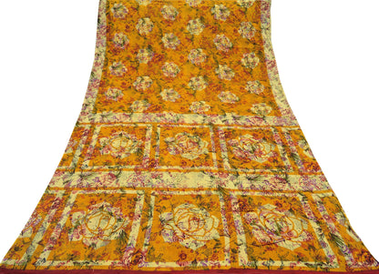 Indian Vintage Saffron & Beige Saree Printed Pure Cotton Indian Sari Craft Fabric 5Yd Sewing Soft Sarong Wrap Boho Floral Quilting Crafting