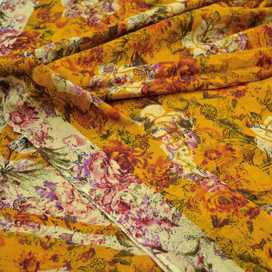 Indian Vintage Saffron & Beige Saree Printed Pure Cotton Indian Sari Craft Fabric 5Yd Sewing Soft Sarong Wrap Boho Floral Quilting Crafting