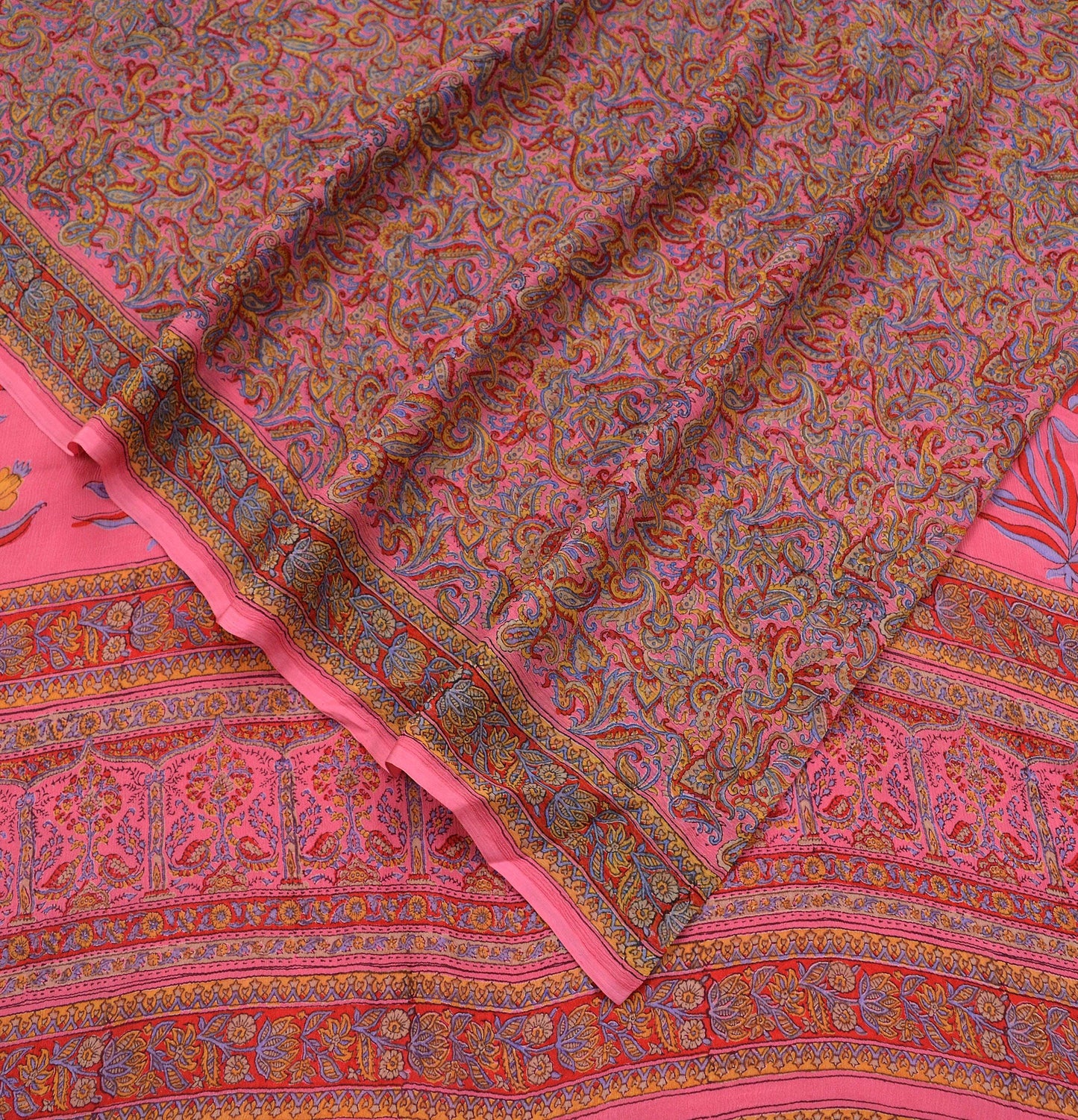 Women Vintage Sari Pink Pure Chiffon Silk Printed Sarees Craft Fabric Sewing 6Yd Soft Dress Making Quilting Crafting Upcycle