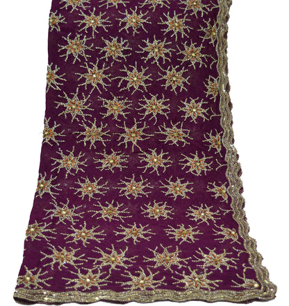 Indian Vintage Heavy Purple Dupatta Pure Georgette Silk Long Stole Hand Embroidered Scarf Zari Zardozi