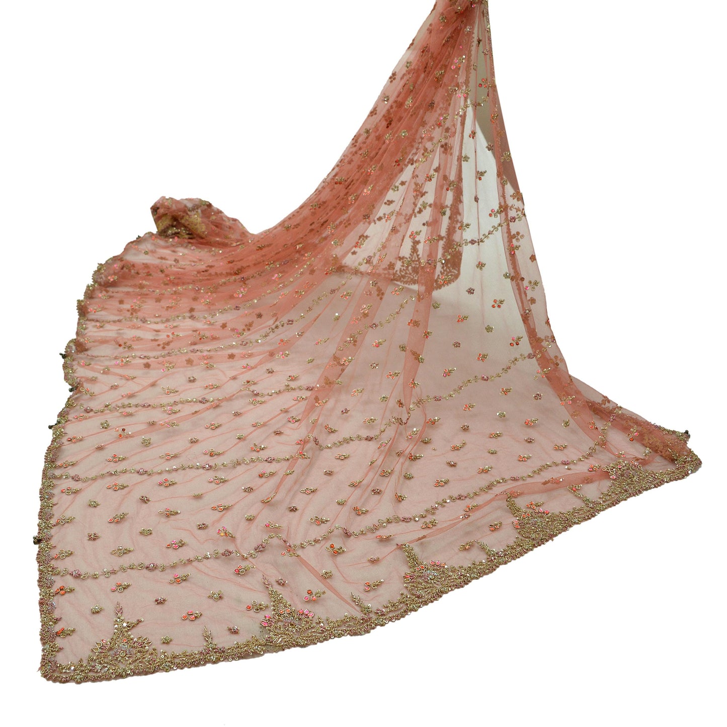 Indian Vintage Heavy Peach Dupatta Net Mesh Long Stole Hand Embroidered Scarves Golden Zardozi Dabka Zari Sequins Bridal Veil Hijab