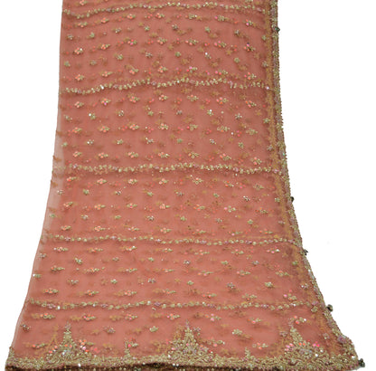 Indian Vintage Heavy Peach Dupatta Net Mesh Long Stole Hand Embroidered Scarves Golden Zardozi Dabka Zari Sequins Bridal Veil Hijab