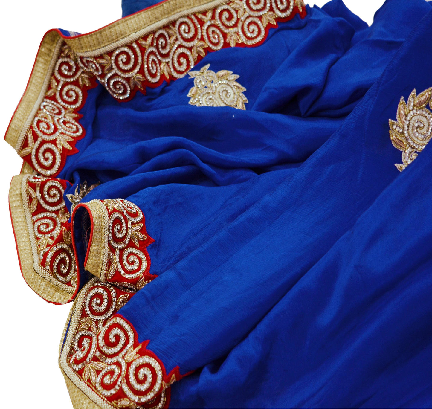 Indian Vintage Heavy Saree Royal Blue Self Woven Pure Silk Sari Fabric 5Yd Craft Fabric Ethnic Zari Border Wedding sarees Dress making