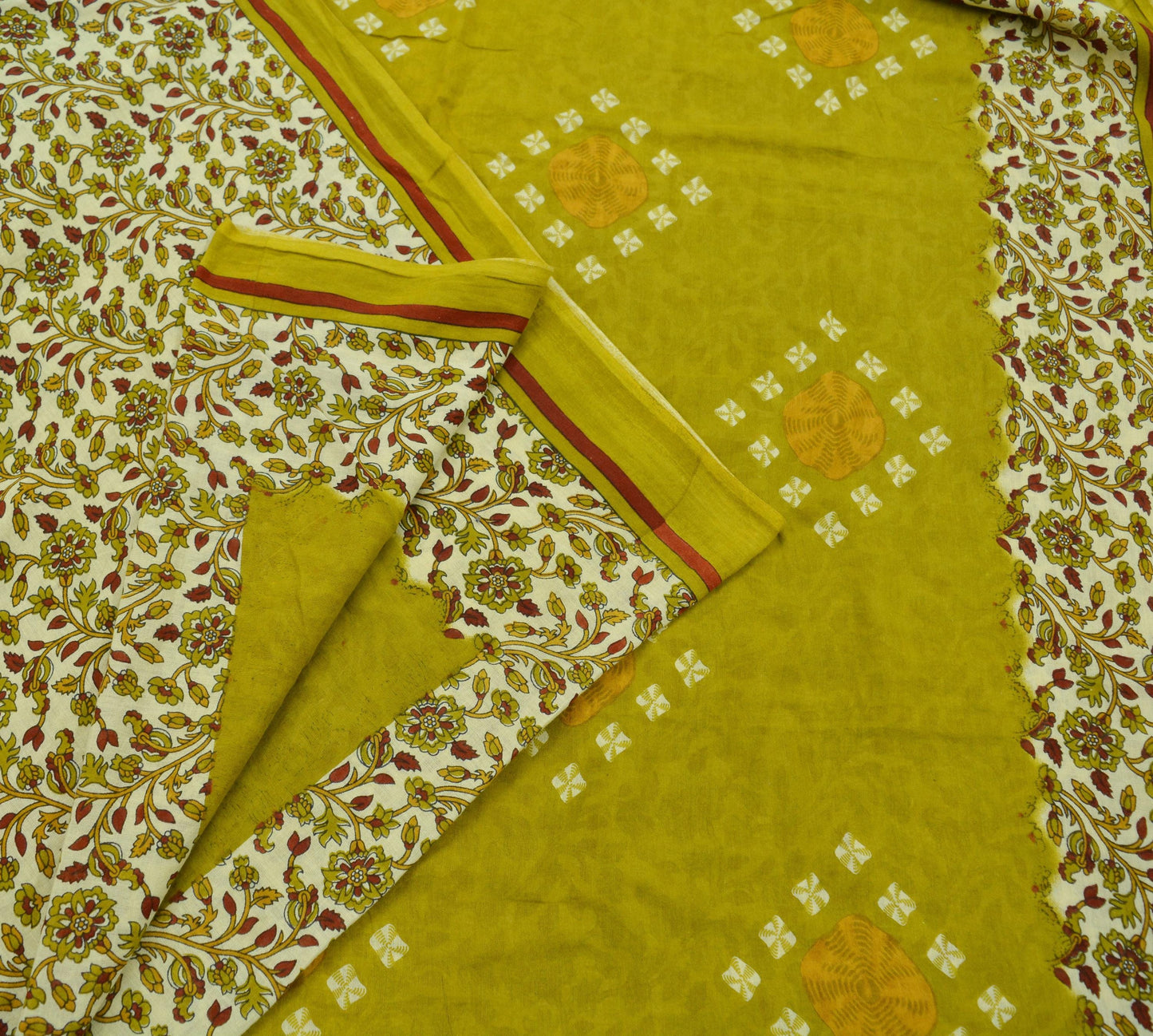 Indian Vintage Sari Green & Ivory Printed Pure Cotton Sarees 5Yd Craft Fabric Soft Sewing Sarong Wrap Boho Upcycle quilting Dress making