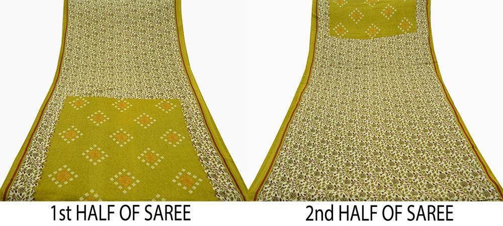 Indian Vintage Sari Green & Ivory Printed Pure Cotton Sarees 5Yd Craft Fabric Soft Sewing Sarong Wrap Boho Upcycle quilting Dress making