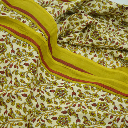 Indian Vintage Sari Green & Ivory Printed Pure Cotton Sarees 5Yd Craft Fabric Soft Sewing Sarong Wrap Boho Upcycle quilting Dress making