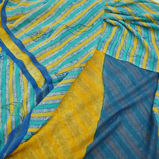 Indian Vintage Saffron & Blue Saree 100% Pure Georgette Silk Printed Sari Sewing 5yd Craft Soft Dress Designing for Crafting Floral