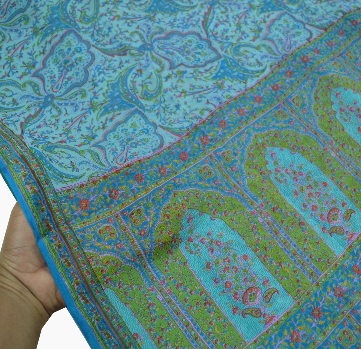 Women Vintage Blue Saree Pure Chiffon Silk Printed Sari Craft Fabric Sewing 5Yd Soft Dress Making Floral Quilting Crafting Upcycle