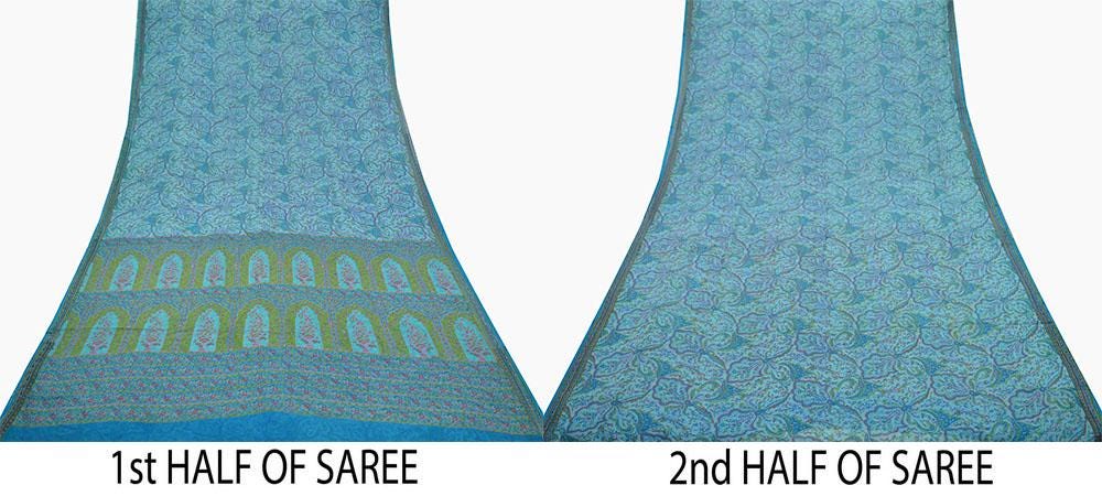 Women Vintage Blue Saree Pure Chiffon Silk Printed Sari Craft Fabric Sewing 5Yd Soft Dress Making Floral Quilting Crafting Upcycle