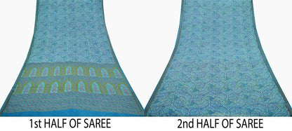 Women Vintage Blue Saree Pure Chiffon Silk Printed Sari Craft Fabric Sewing 5Yd Soft Dress Making Floral Quilting Crafting Upcycle