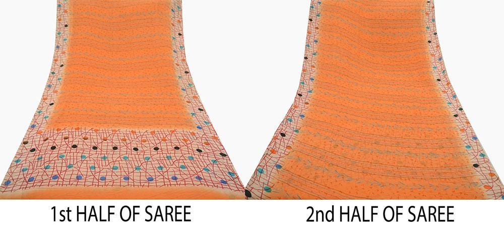 Indian Vintage Sari Orange & Peach Pure Georgette Silk Printed Sarees 5Yd Craft Fabric Sewing Quilting