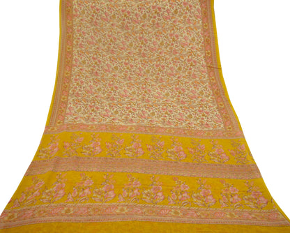 Women Vintage Sari Ivory & Mustard 100% Pure Georgette Silk Printed Saree Craft Fabric Sewing 5Yd Soft Sari Dress Making Crafting Quilting