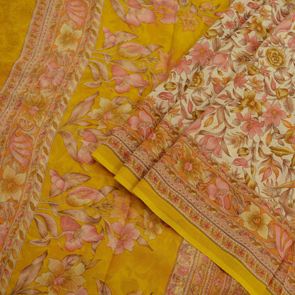 Women Vintage Sari Ivory & Mustard 100% Pure Georgette Silk Printed Saree Craft Fabric Sewing 5Yd Soft Sari Dress Making Crafting Quilting