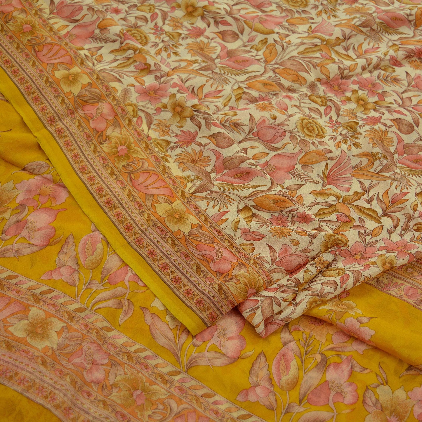 Women Vintage Sari Ivory & Mustard 100% Pure Georgette Silk Printed Saree Craft Fabric Sewing 5Yd Soft Sari Dress Making Crafting Quilting