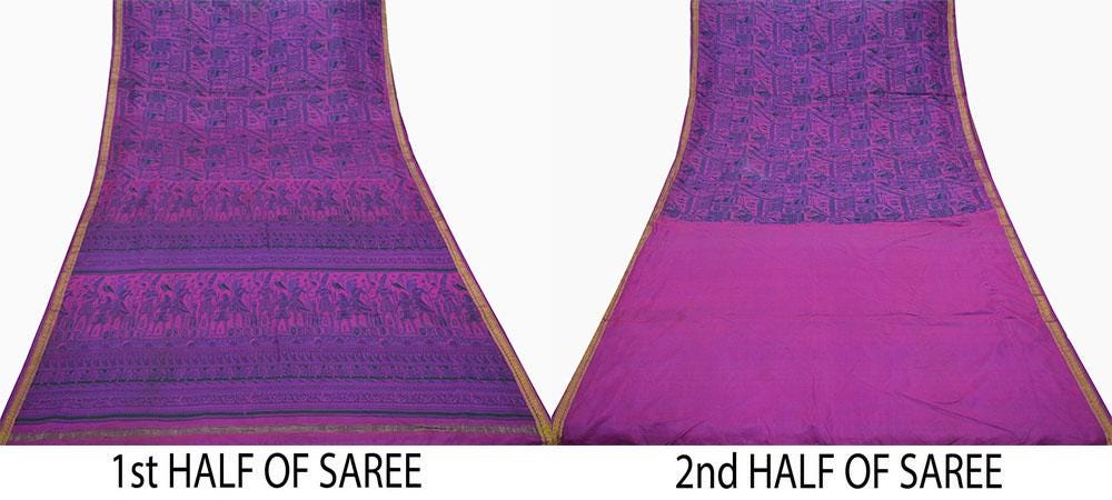 Indian Vintage Purple Saree Pure Silk Woven Printed Sari Craft Fabric 5yd Sewing Dress Making Zari Border Crafting Quilting Upcycle