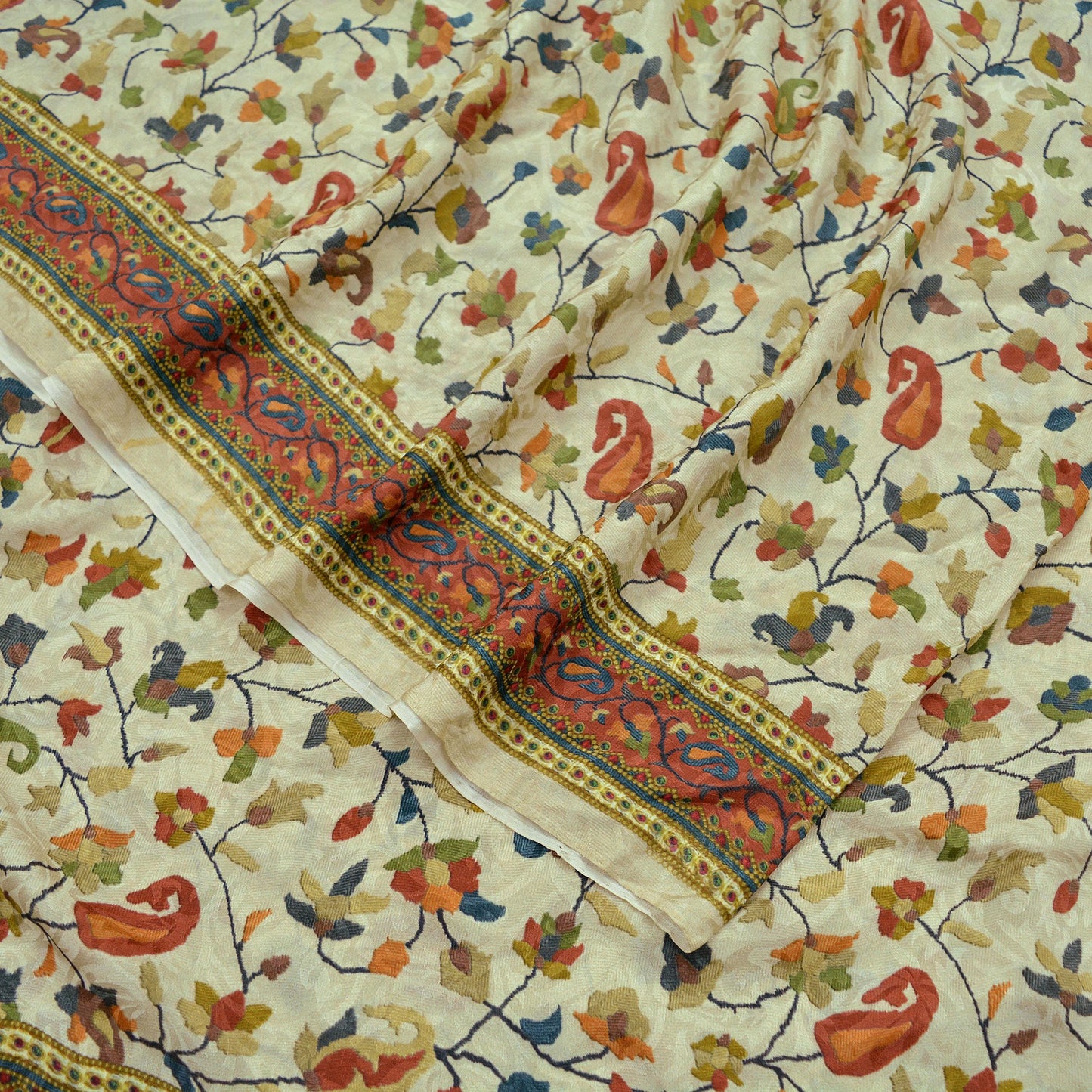 Indian Vintage Sari Beige Pure Crepe Silk Printed Sarees 5yd Sewing Floral Soft Craft Fabric Wrap Dress making Upcycle Crafting Quilting