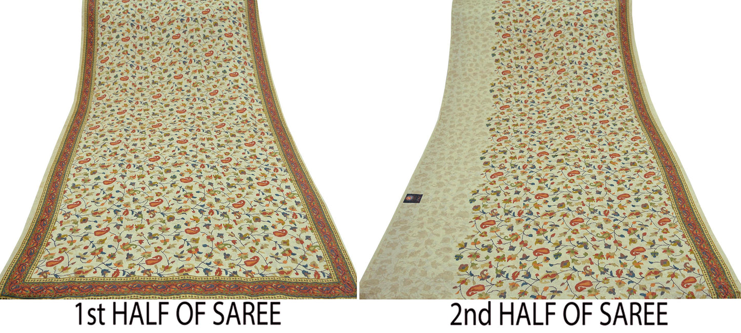 Indian Vintage Sari Beige Pure Crepe Silk Printed Sarees 5yd Sewing Floral Soft Craft Fabric Wrap Dress making Upcycle Crafting Quilting