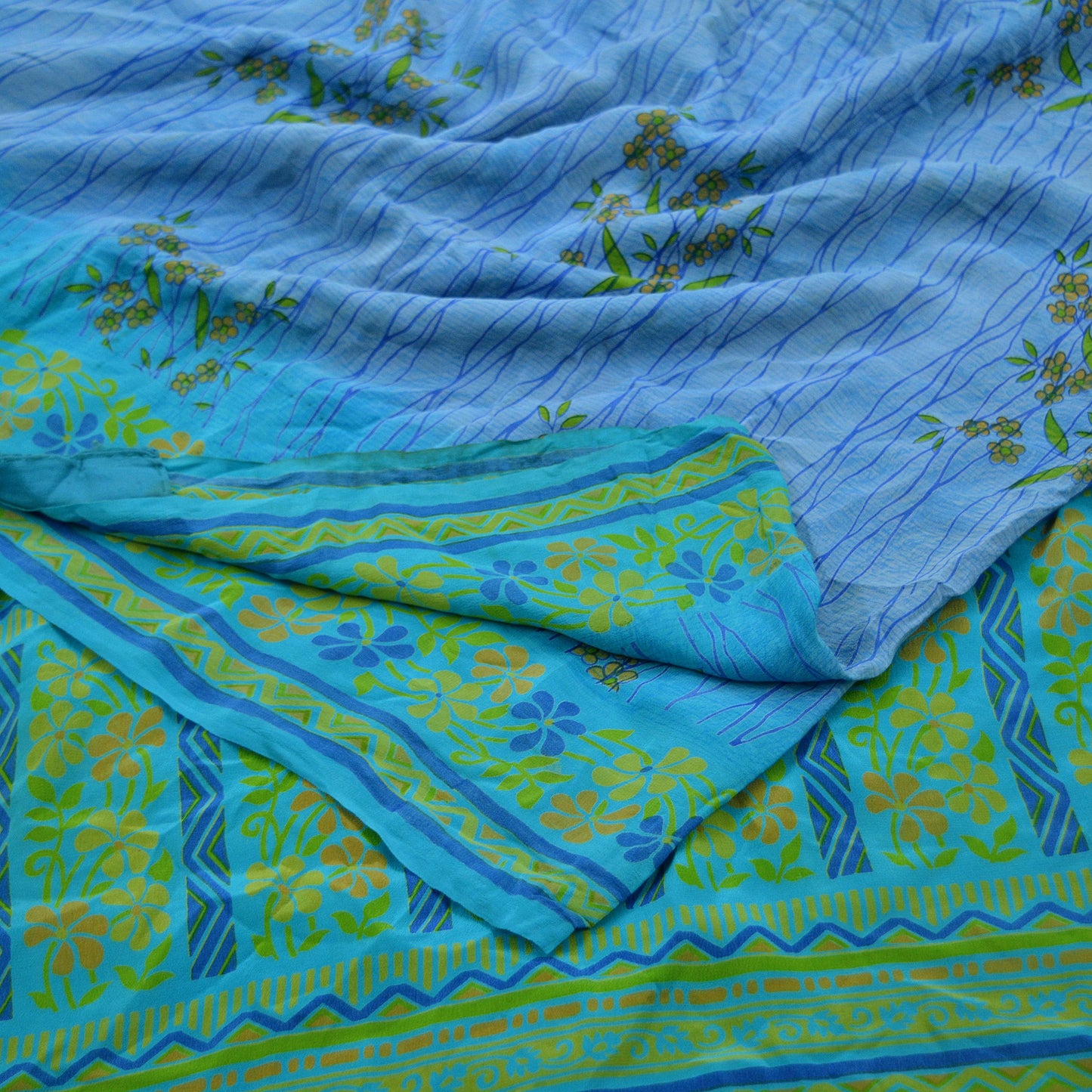 Indian Vintage Blue Saree Pure Crepe Silk Printed Sari 5yd Sewing Floral Soft Craft Fabric Wrap Dress making Crafting Quilting Upcycle