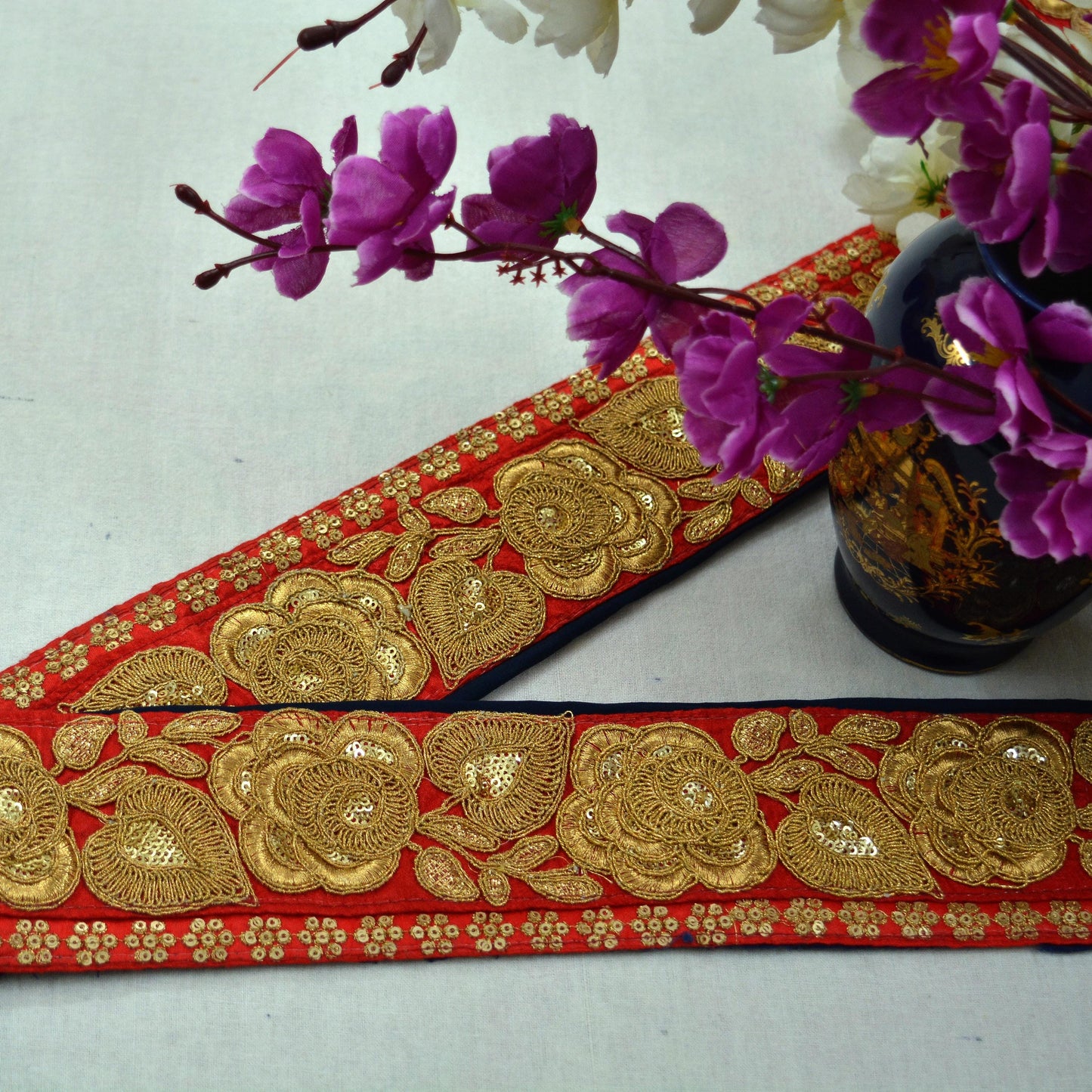 Indian Vintage Red & Blue Sari Border Hand Embroidered Indian Craft Trim Lace Sewing Sari Ribbon Pure Crepe silk Zari