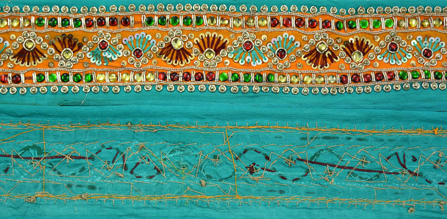 Indian Vintage Green Sari Border Hand Embroidered Indian Craft Trim Lace Sewing Sari Ribbon Pure Crepe silk  Zardozi/Dabka Zari