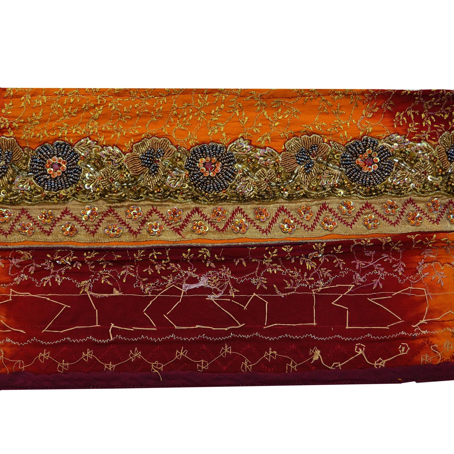 Indian Vintage Maroon & Orange Sari Border Hand Embroidered Indian Craft Trim Lace Sewing Sari Ribbon Pure Crepe silk  Zardozi/Dabka Zari