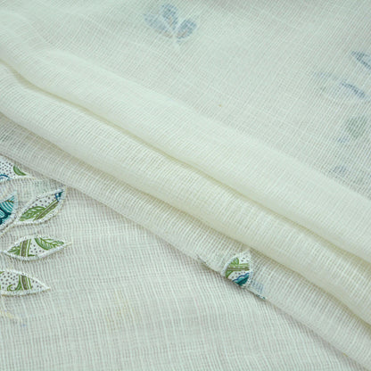 Indian Vintage White Dupatta Long Stole Embroidered Pure Cotton Scarves Veil Golden Zari Soft Fringes