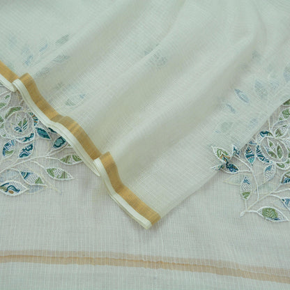 Indian Vintage White Dupatta Long Stole Embroidered Pure Cotton Scarves Veil Golden Zari Soft Fringes