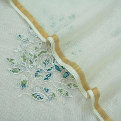 Indian Vintage White Dupatta Long Stole Embroidered Pure Cotton Scarves Veil Golden Zari Soft Fringes