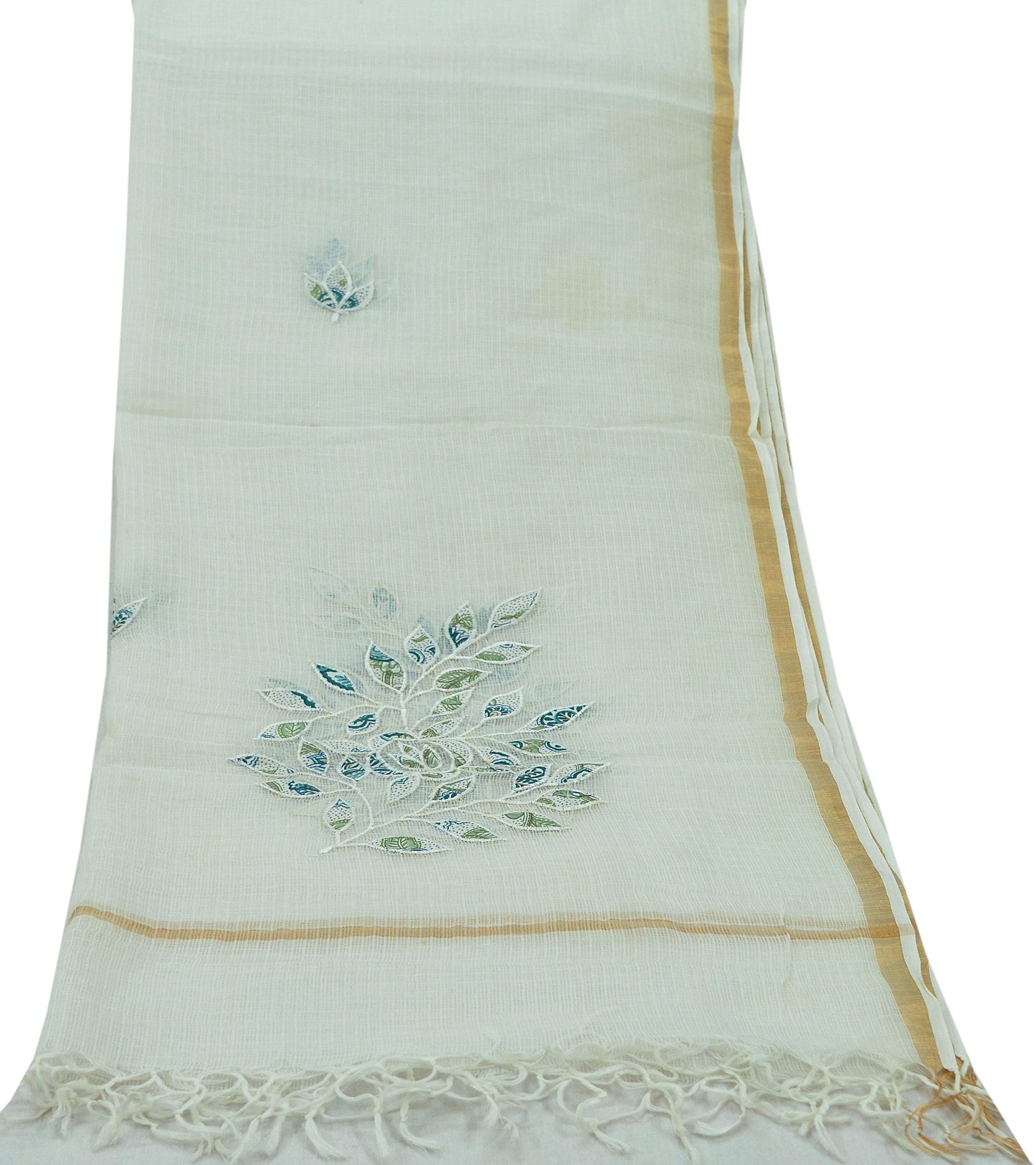 Indian Vintage White Dupatta Long Stole Embroidered Pure Cotton Scarves Veil Golden Zari Soft Fringes